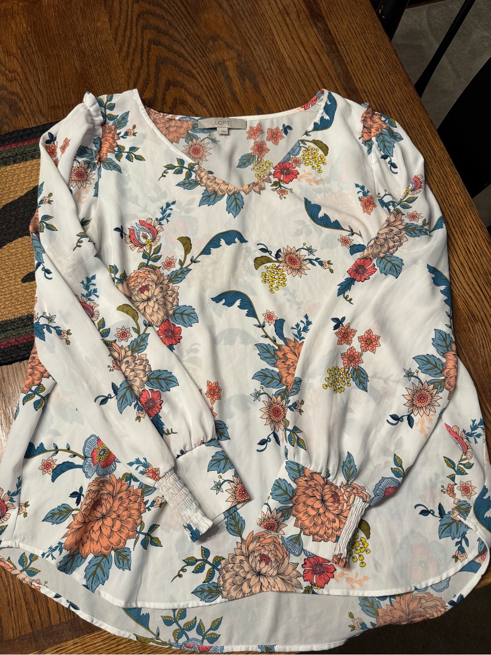 LOFT Cream Floral Long-Sleeve Blouse with Blue, Coral & Yellow Accents